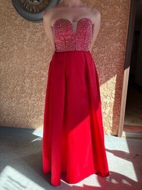 Strapless Red Beaded Evening Gown